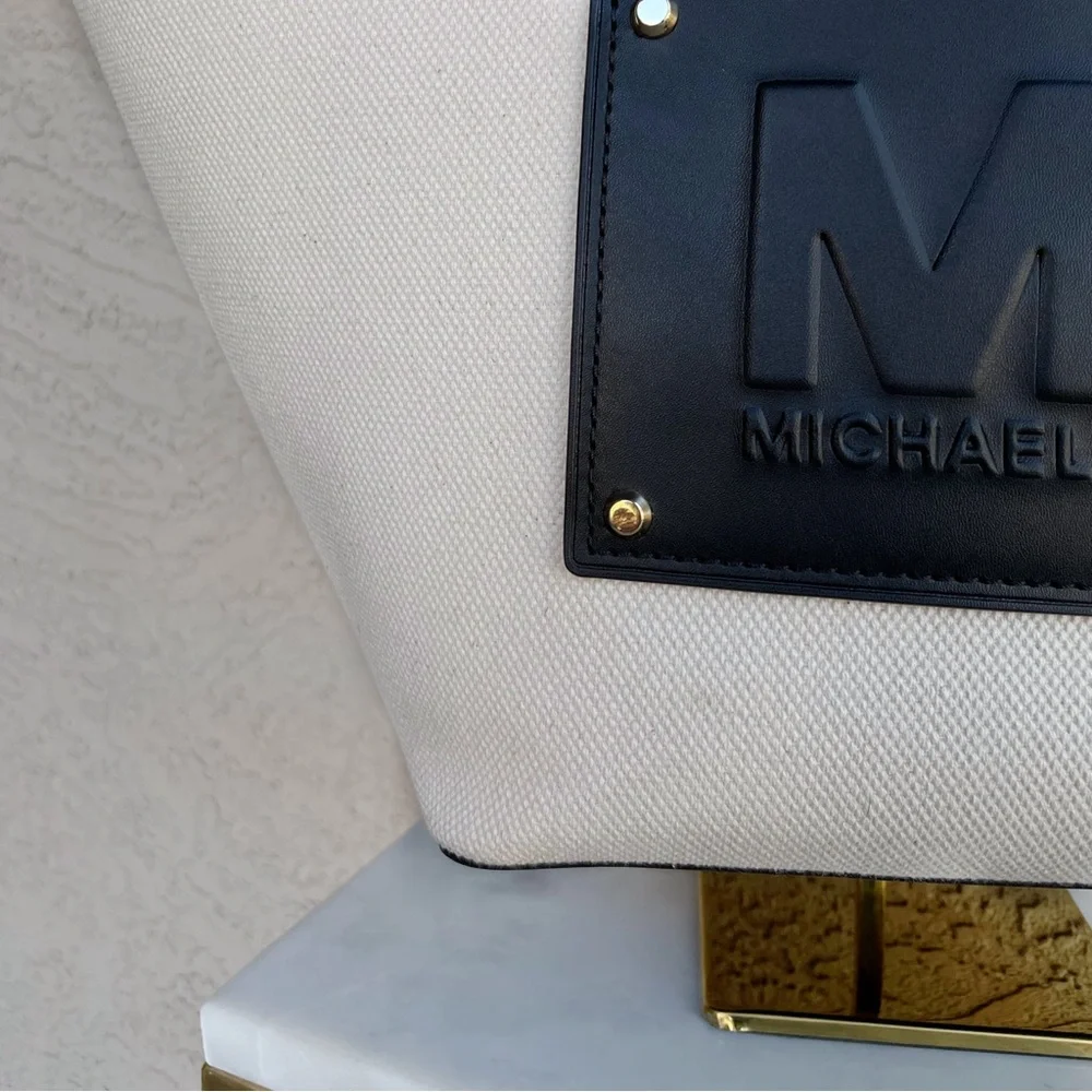 MICHAEL KORS Neutral Cream & Black Large Canvas Leather Kimber Logo Tote Bag